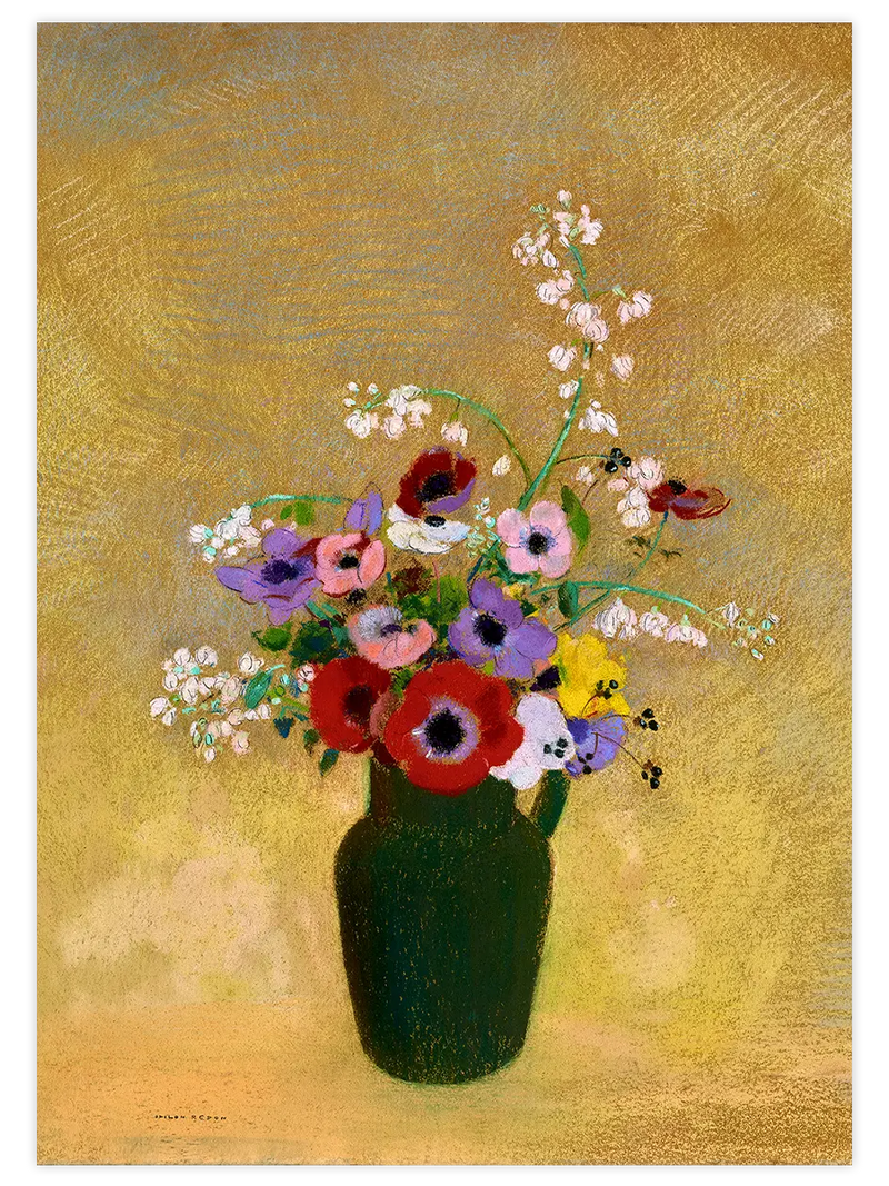Odilon Redon Karışık Çiçeklerle Büyük Yeşil Vazo - Art Print Ünlü Ressamlar Poster