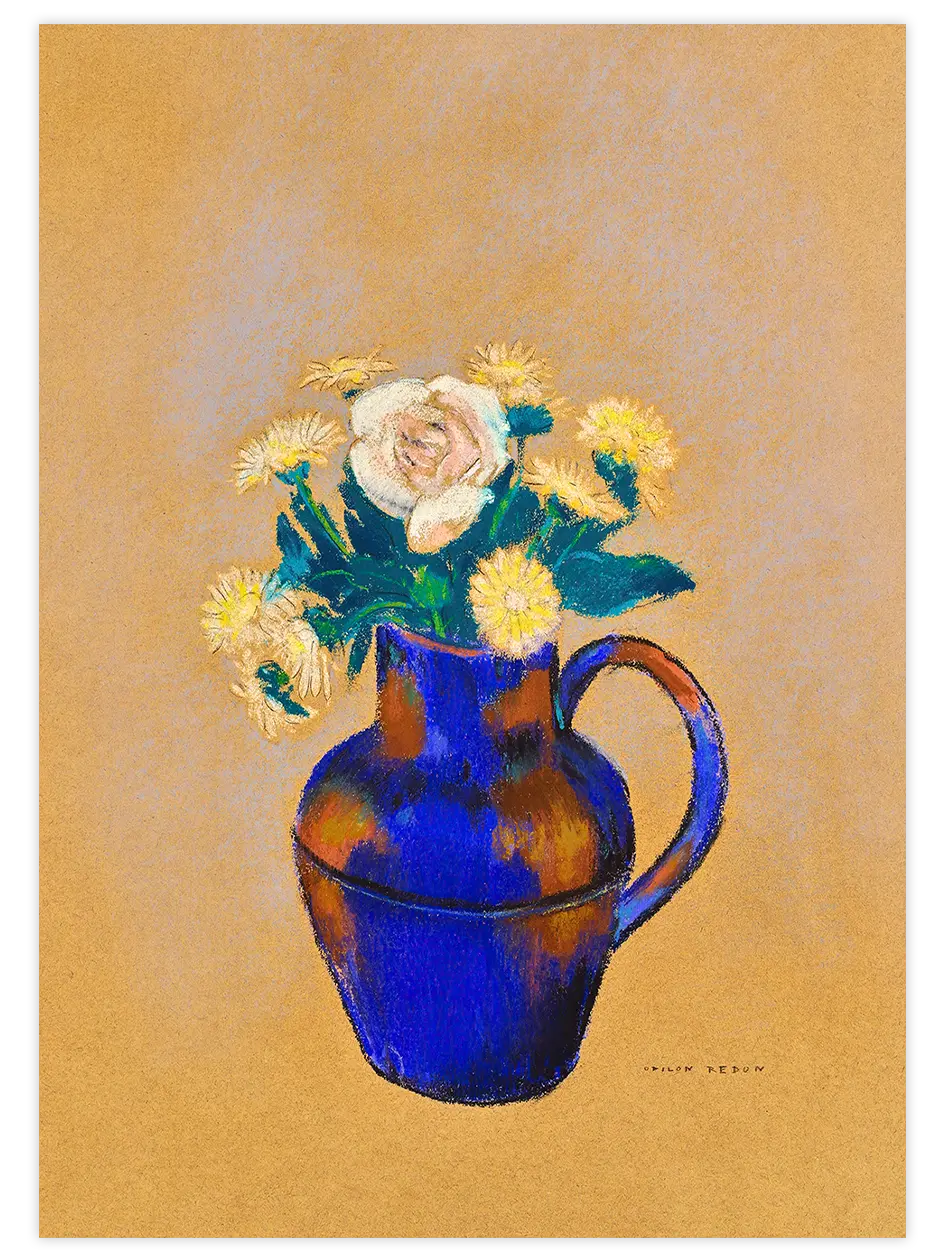 Odilon Redon Mavi Vazo, Turuncu Kadife Çiçekleri - Art Print Ünlü Ressamlar Poster