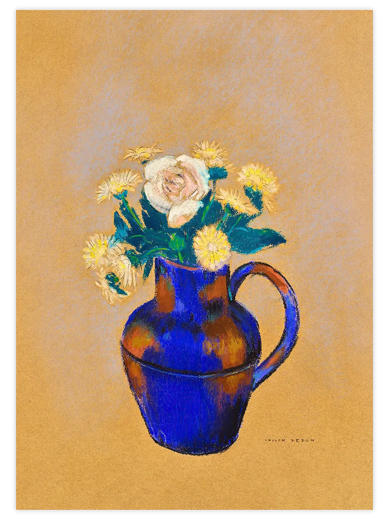 Odilon Redon Mavi Vazo, Turuncu Kadife Çiçekleri - Art Print Ünlü Ressamlar Poster