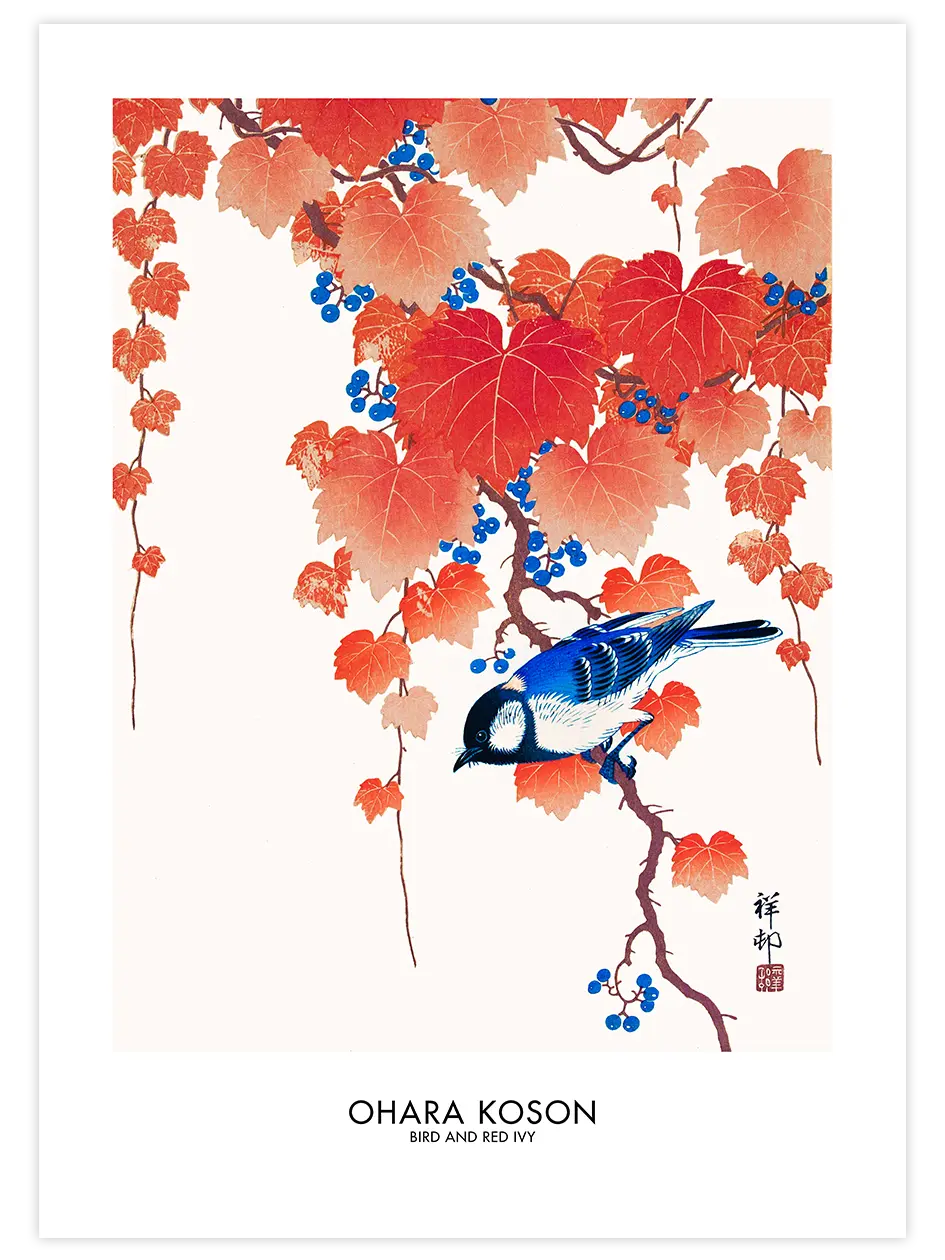 Ohara Koson Bird And Red Ivy - Art Print Ünlü Ressamlar Poster