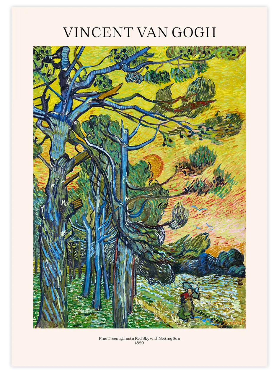 Van Gogh Gün Batımında Kızıl Gökyüzüne Karşı Çam Ağaçları - Art Print Ünlü Ressamlar Poster