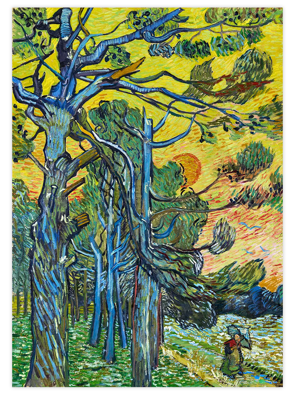Van Gogh Pine Trees against a Red Sky with Setting Sun - Art Print Ünlü Ressamlar Poster