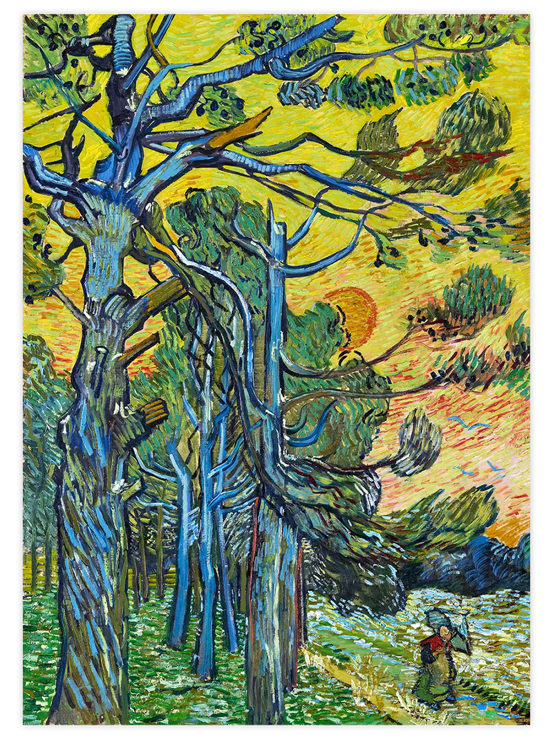 Van Gogh Pine Trees against a Red Sky with Setting Sun - Art Print Ünlü Ressamlar Poster