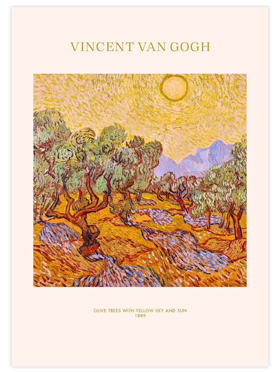 Van Gogh Olive Trees with Yellow Sky and Sun - Art Print Ünlü Ressamlar Poster