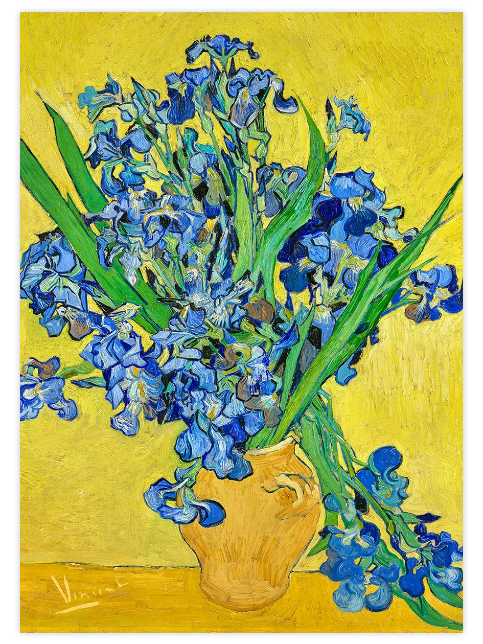 Van Gogh Vase with Irises Against a Yellow Background - Art Print Ünlü Ressamlar Poster