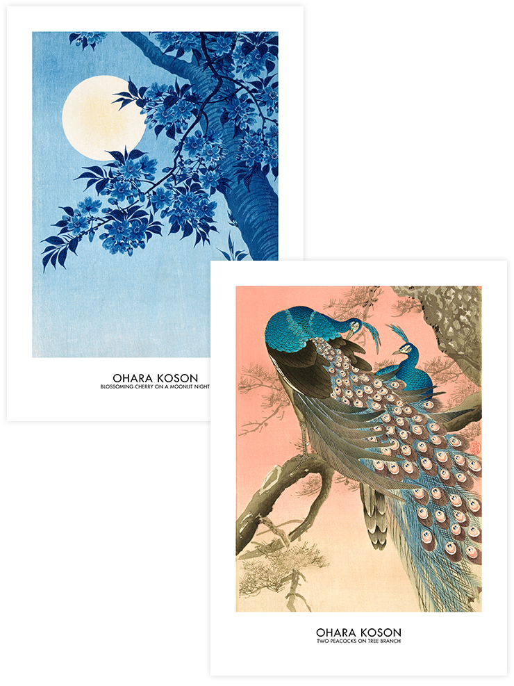 Ohara Koson Peacocks & Moon Light - Poster Seti Duo Ünlü Ressamlar Poster