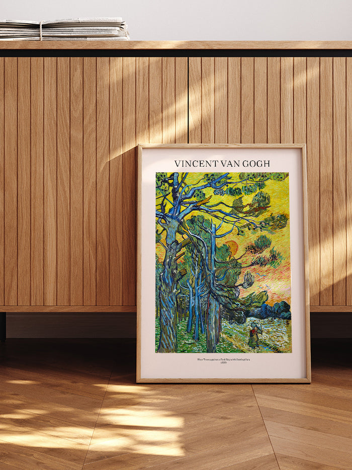 Van Gogh Gün Batımında Kızıl Gökyüzüne Karşı Çam Ağaçları - Art Print Poster