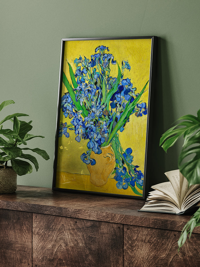 Van Gogh Vase with Irises Against a Yellow Background - Art Print Poster