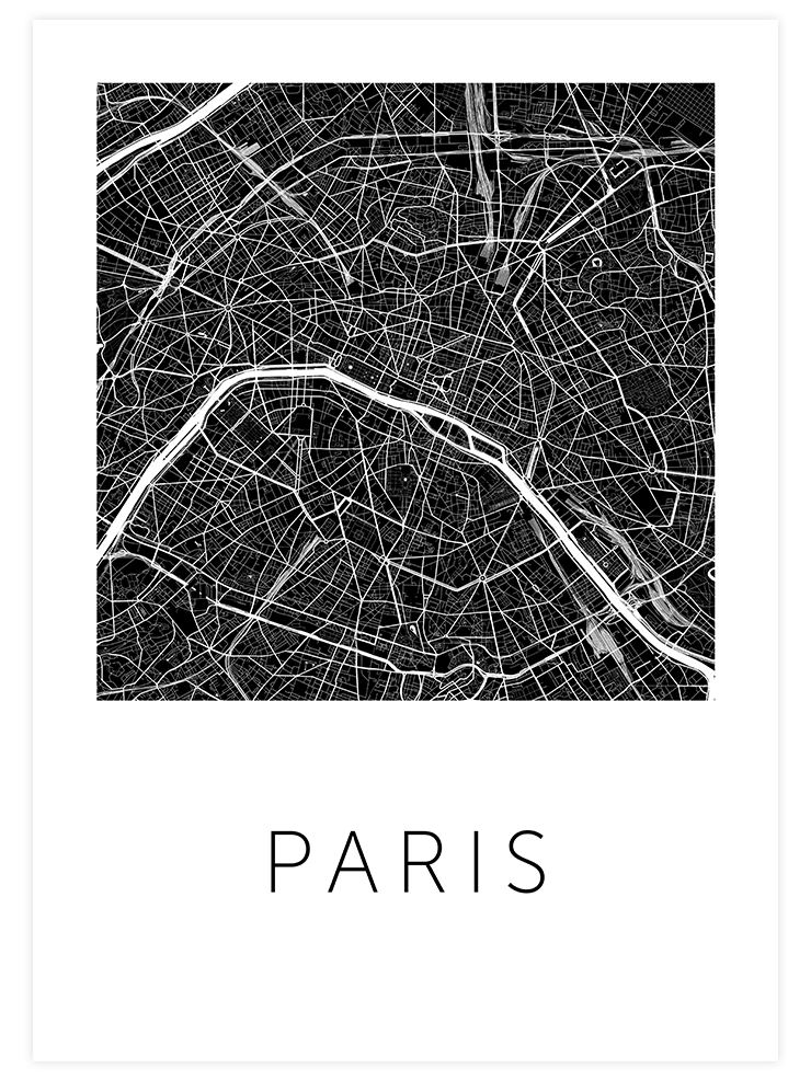 Paris Siyah Harita - Art Print Poster