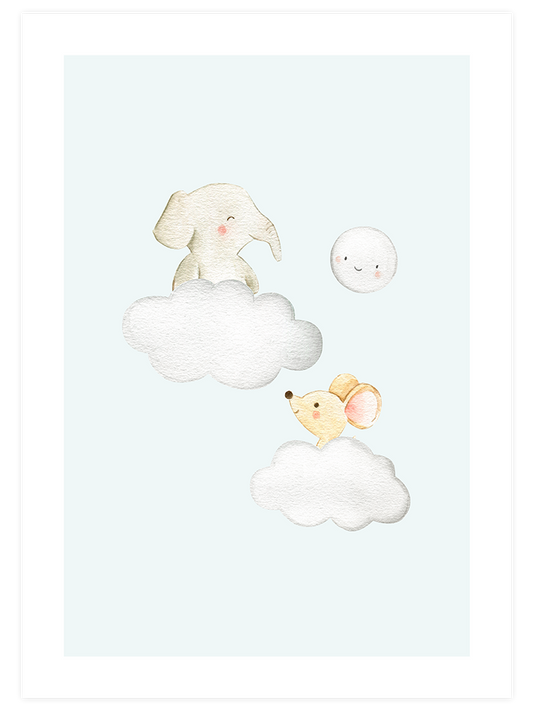 Bulut Üstünde Fil ve Fare Poster - Giclée Baskı