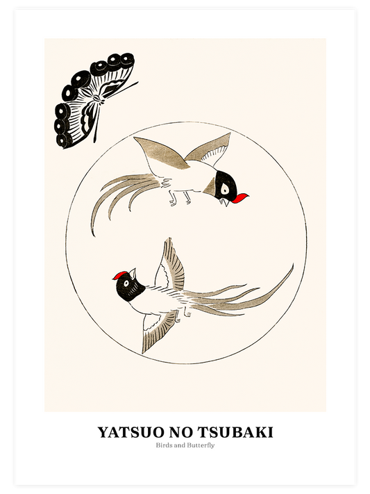 Yatsuo No Tsubaki Birds And Butterfly Poster - Giclée Baskı