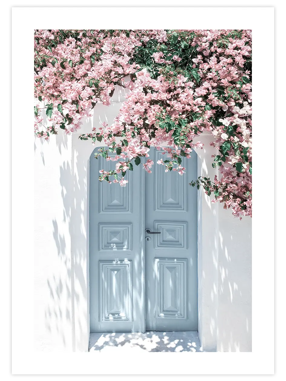 Mavi Kapı Ve Pembe Çiçekler - Art Print