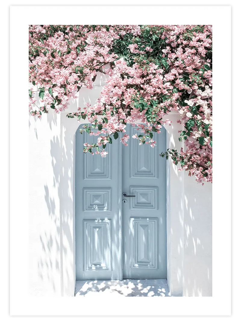 Mavi Kapı Ve Pembe Çiçekler - Art Print Fotoğraflar Poster