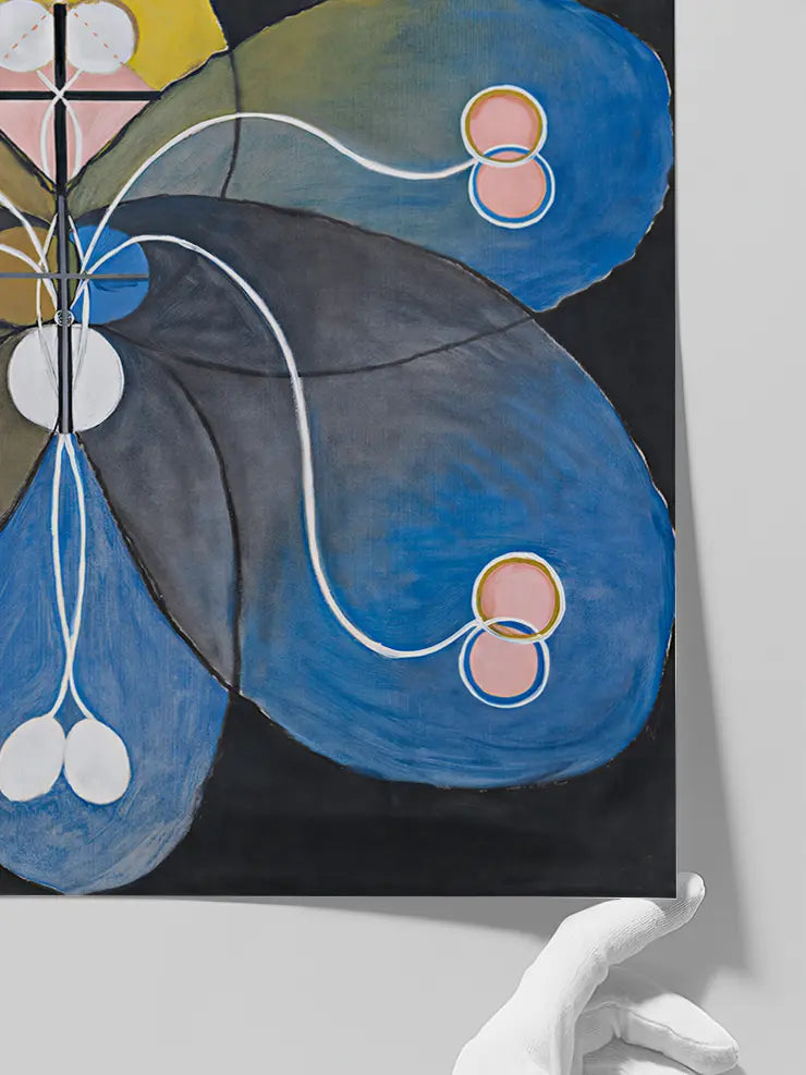 Sarı, mavi ve pembe tonların geometrik şekillerle birleştiği sembolik Hilma af Klint eseri.