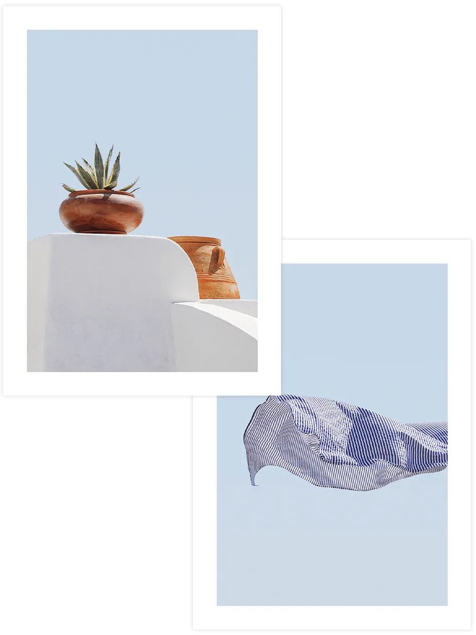 Agave saksısı ve mavi çizgili kumaş poster seti