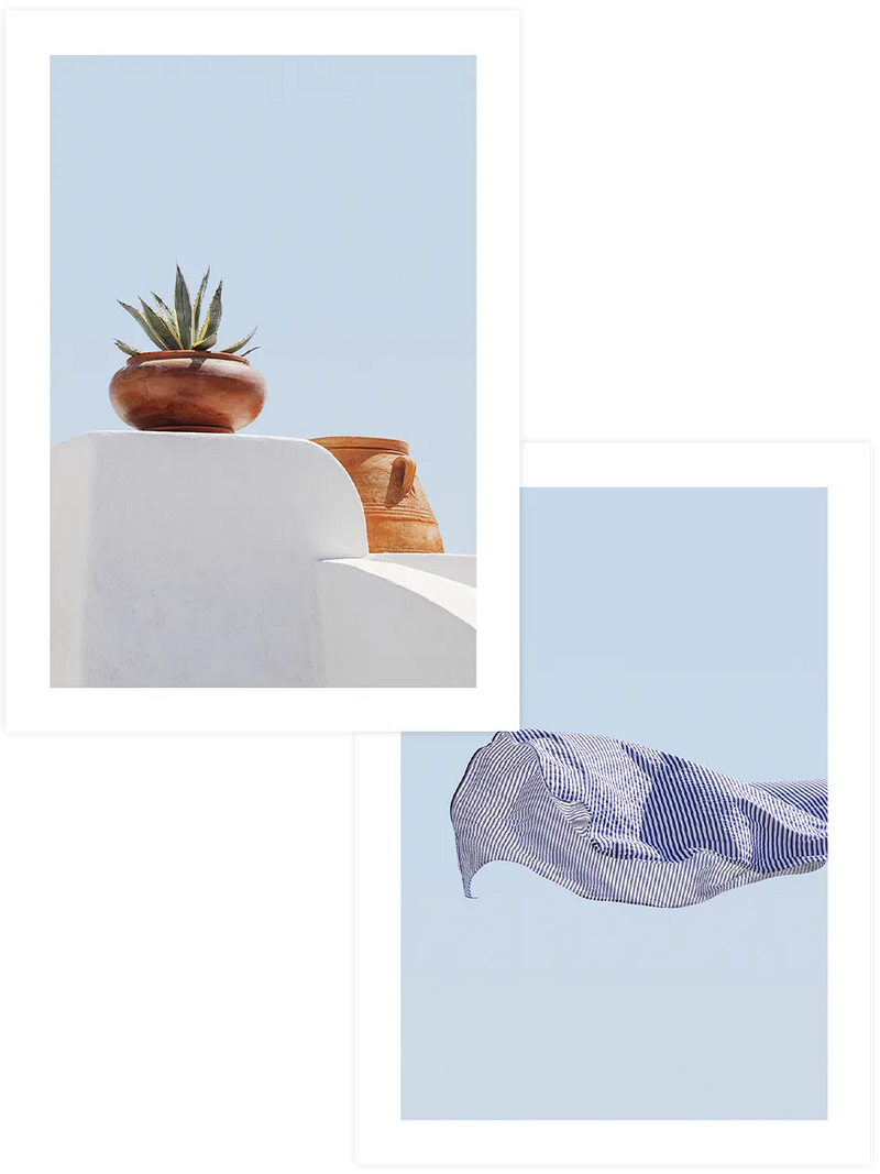 Agave saksısı ve mavi çizgili kumaş poster seti