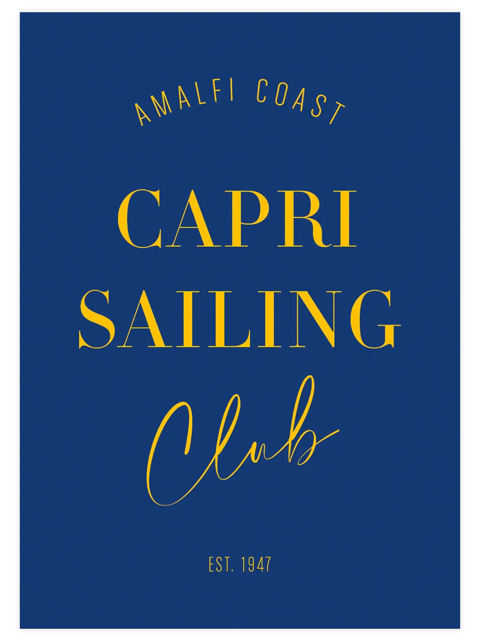 Lacivert zemin üzerinde Capri Sailing Club tipografik poster