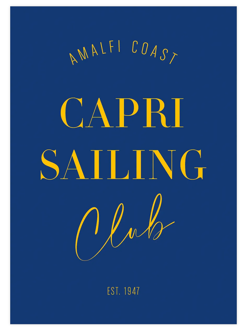 Lacivert zemin üzerinde Capri Sailing Club tipografik poster