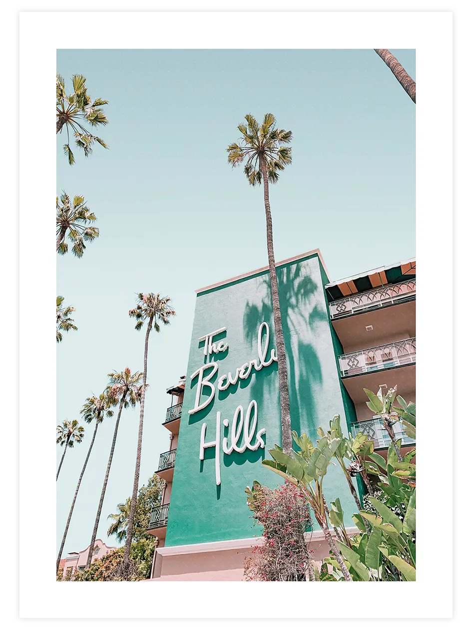 Beverly Hills palmiyeli retro bina posteri