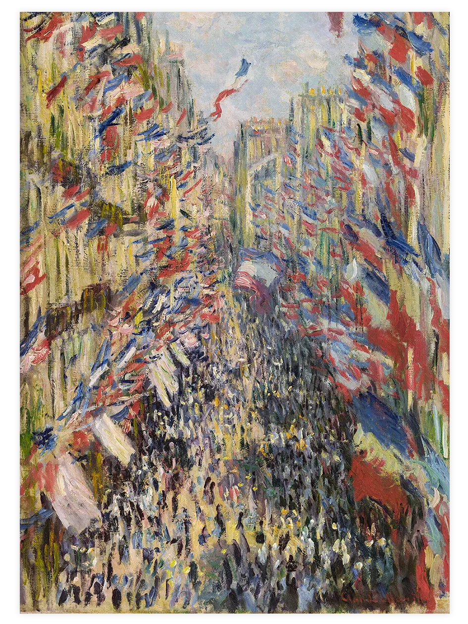 Bayraklarla dolu hareketli Paris caddesi.
