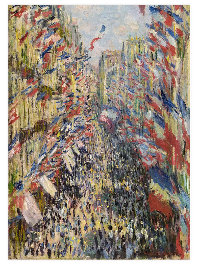 Bayraklarla dolu hareketli Paris caddesi.