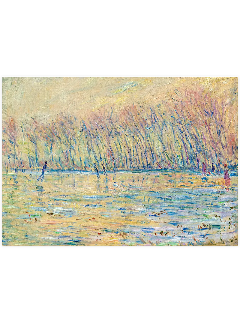 Giverny’de buz üstünde kayan figürler.