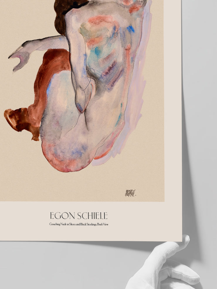 Egon Schiele Crouching Nude Back View - Art Print