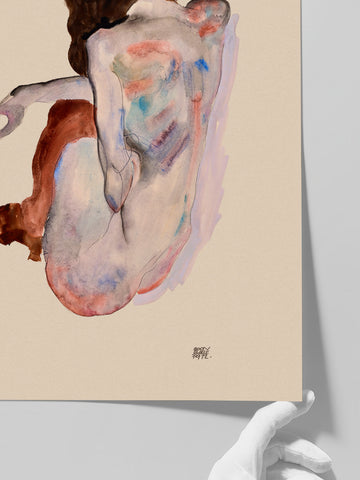 Egon Schiele Crouching Nude Back View - Art Print