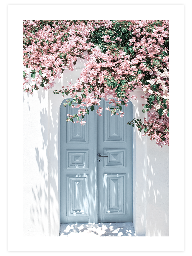 Mavi Kapı Ve Pembe Çiçekler - Art Print