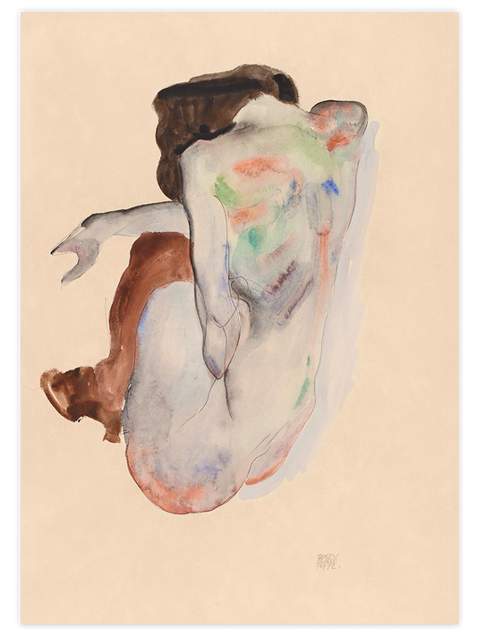Egon Schiele Crouching Nude Back View - Art Print