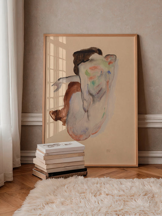Egon Schiele Crouching Nude Back View - Art Print