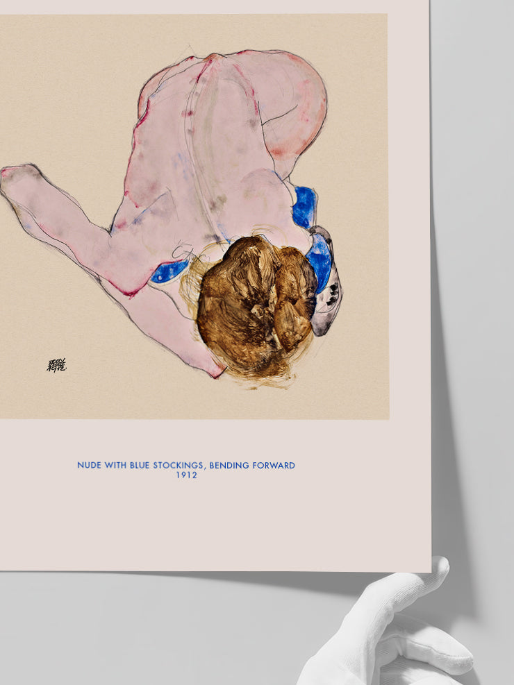 Egon Schiele Nude with Blue Stochings, Bending Forward - Art Print