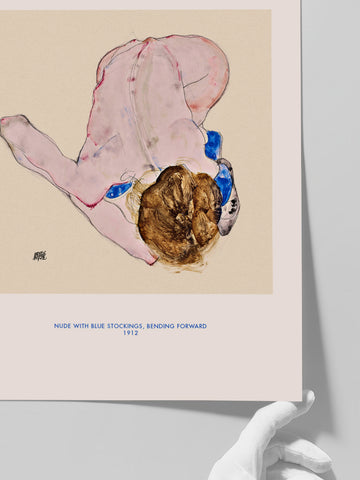 Egon Schiele Nude with Blue Stochings, Bending Forward - Art Print