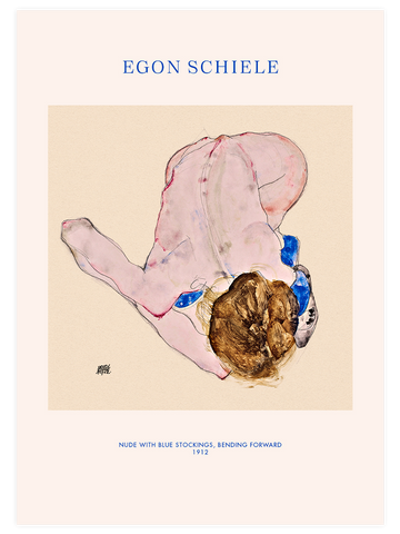 Egon Schiele Nude with Blue Stochings, Bending Forward - Art Print
