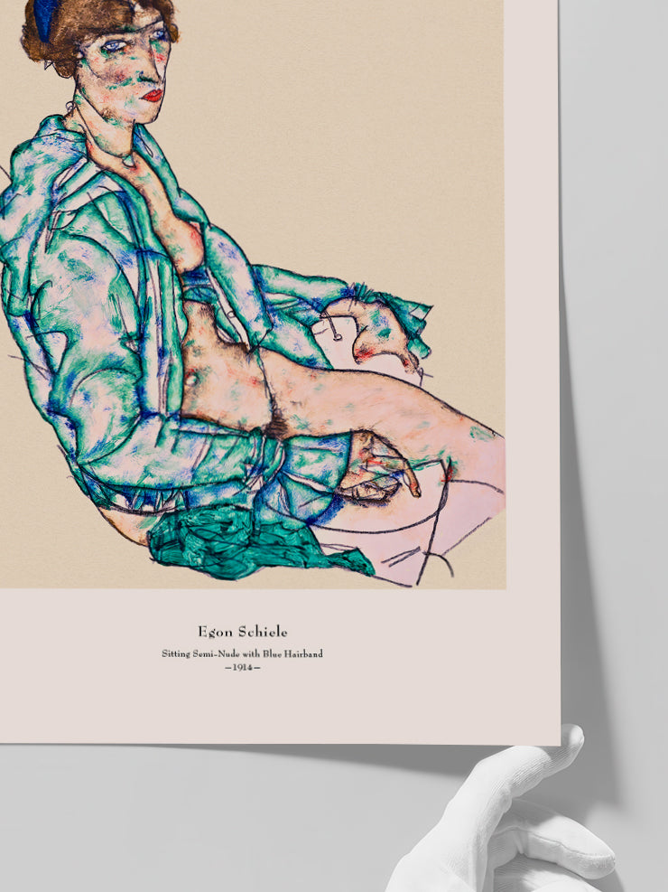 Egon Schiele Sitting Semi-Nude with Blue Hairband - Art Print  Poster