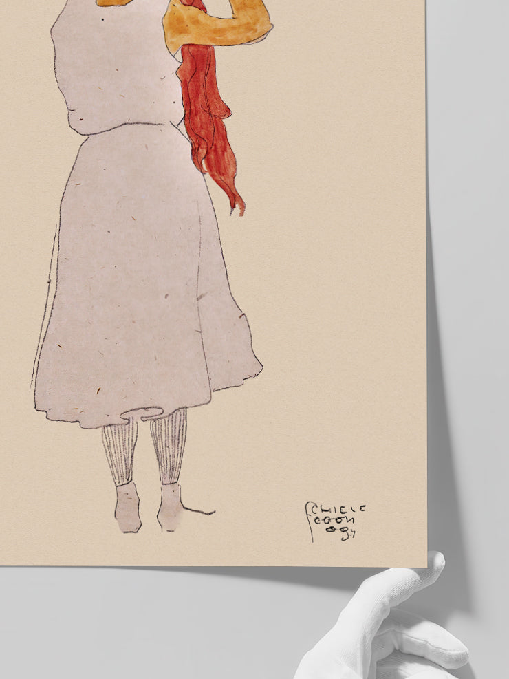 Egon Schiele Standing Woman Combing Her Long Red Hair, Back View - Art Print  Poster