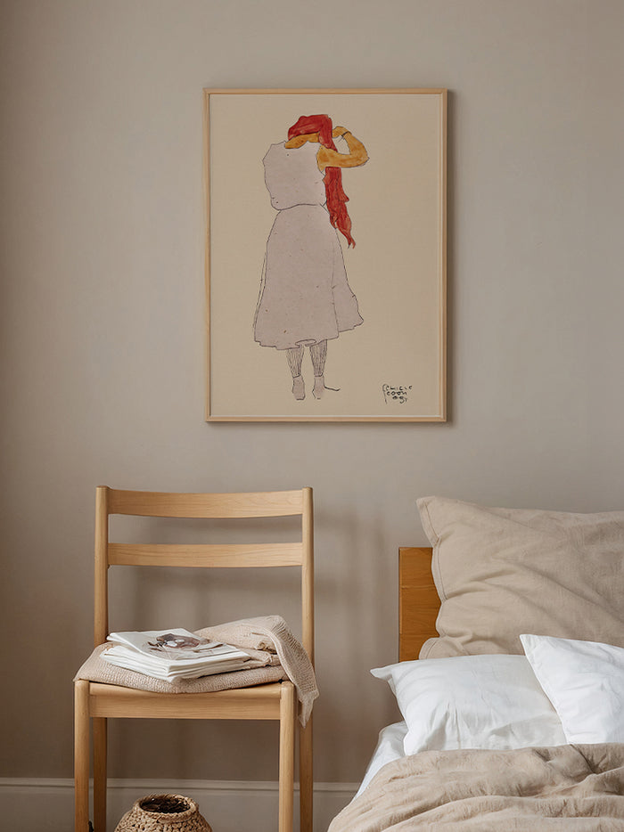 Egon Schiele Standing Woman Combing Her Long Red Hair, Back View - Art Print  Poster