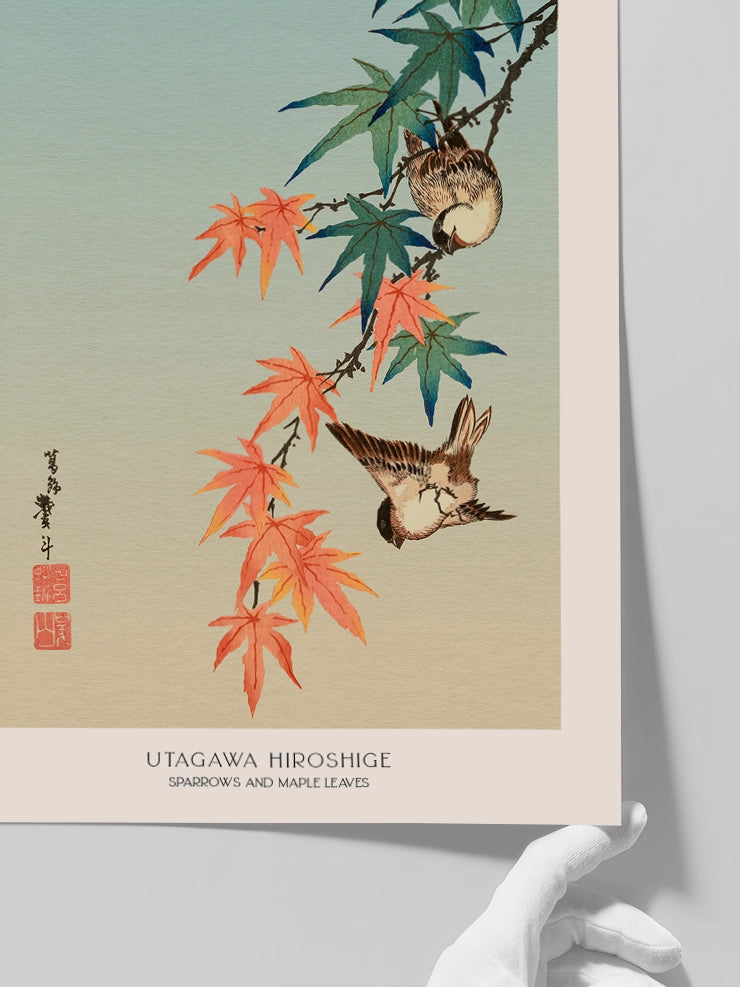 Hiroshige, Sparrows and Maple Leaves - Art Print  Poster