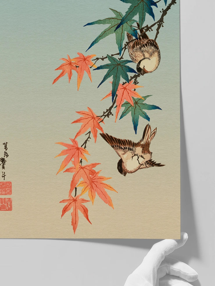 Hiroshige, Sparrows and Maple Leaves - Art Print  Poster