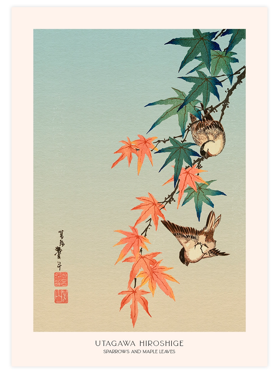Hiroshige, Sparrows and Maple Leaves - Art Print Ünlü Ressamlar Poster
