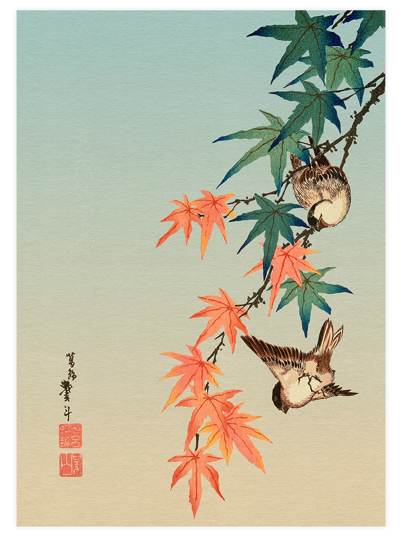 Hiroshige, Sparrows and Maple Leaves - Art Print Ünlü Ressamlar Poster