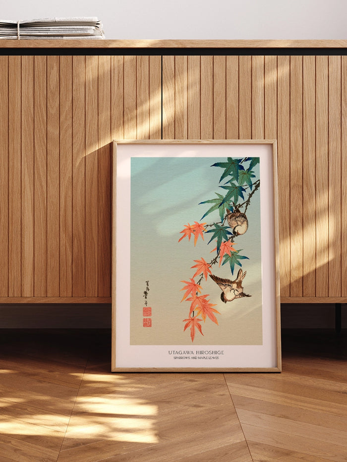 Hiroshige, Sparrows and Maple Leaves - Art Print  Poster
