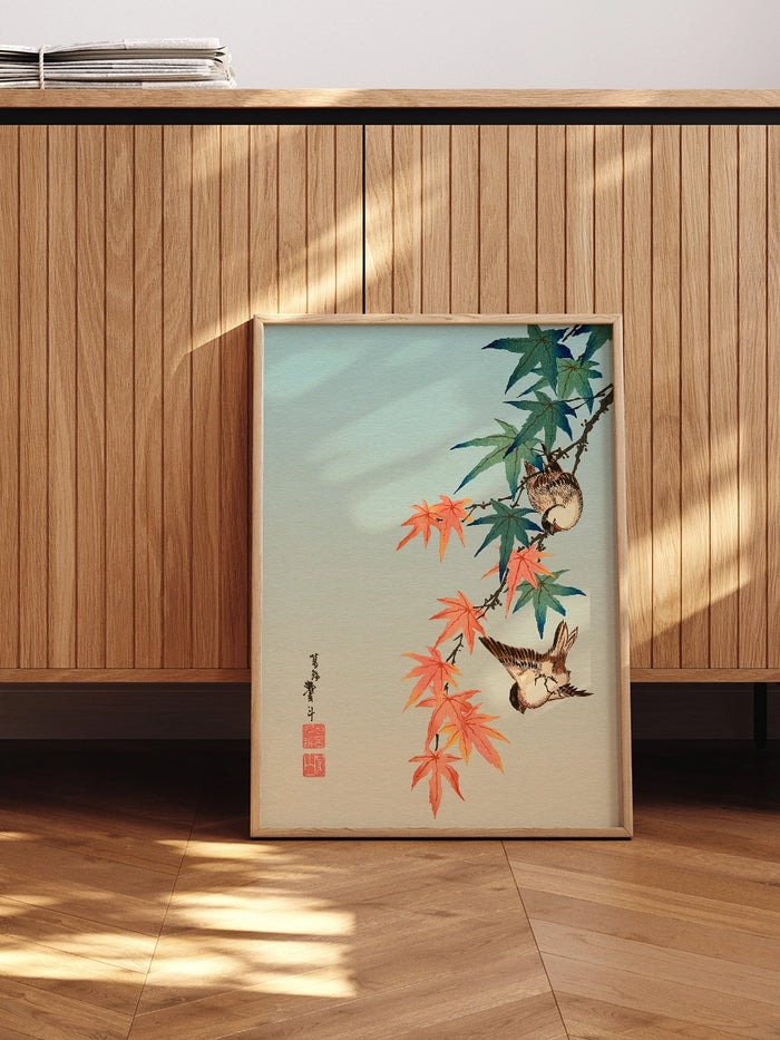 Hiroshige, Sparrows and Maple Leaves - Art Print  Poster