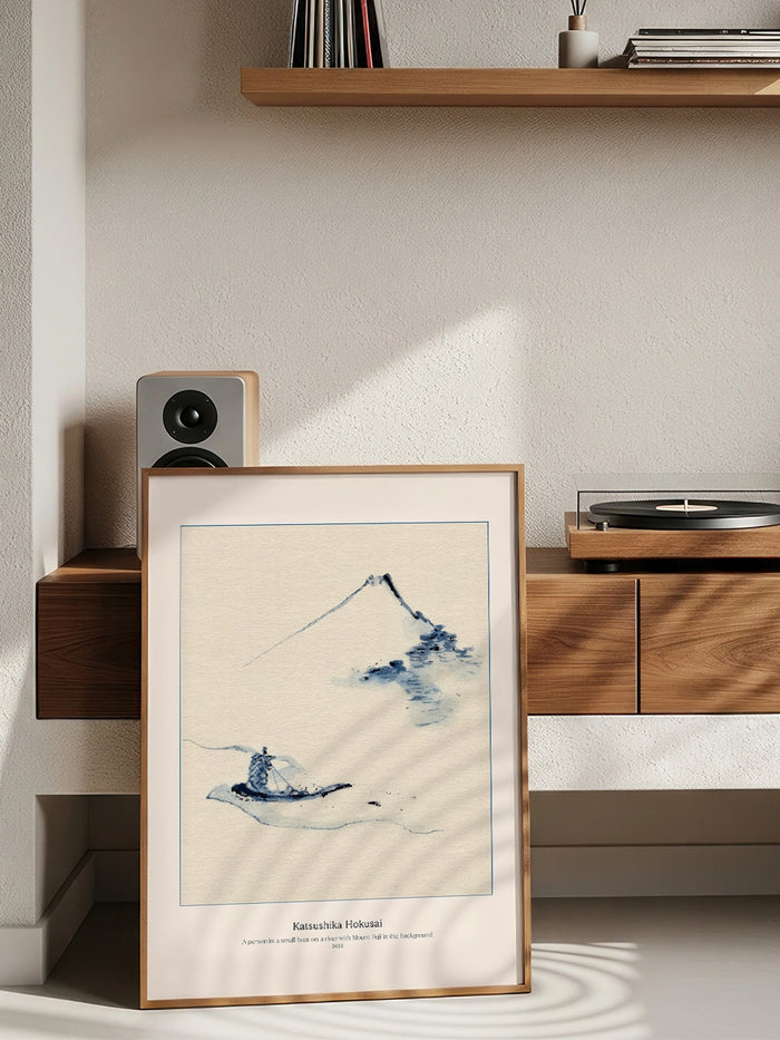 Hokusai, A Person in a Boat with Mount Fuji - Art Print  Poster