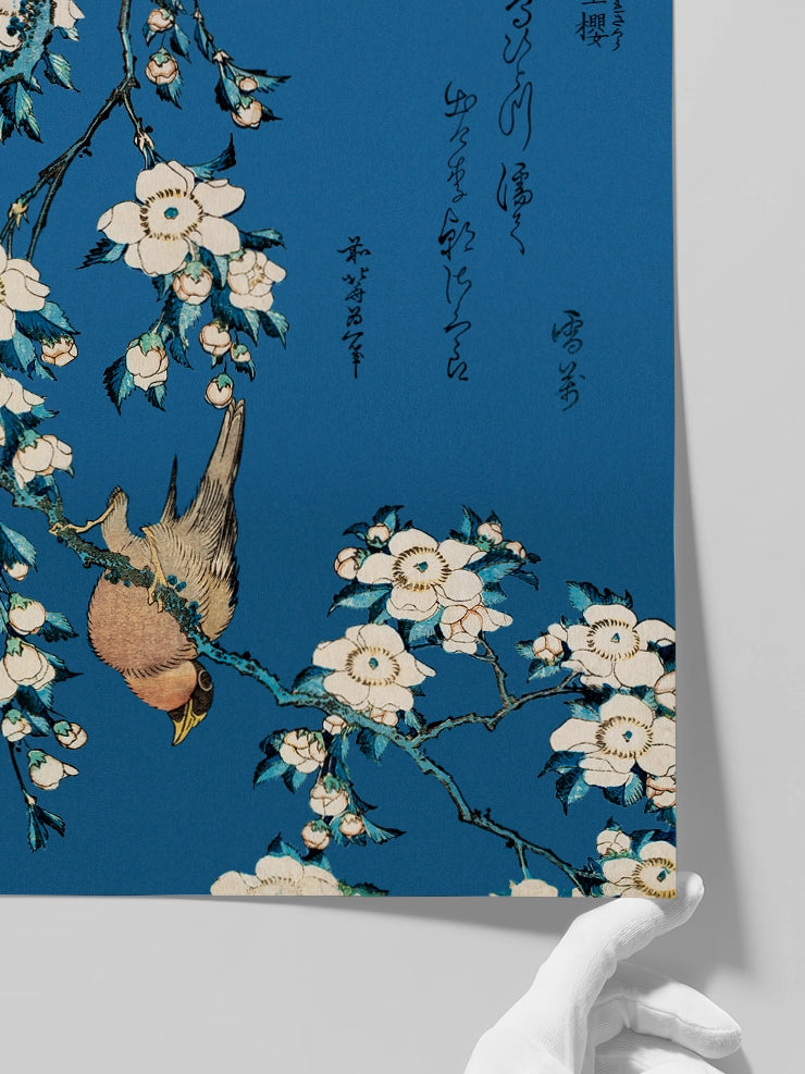 Hokusai, Bullfinch and Weeping Cherry posterinin detaylarını gösteren görsel