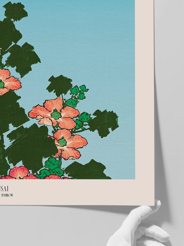 Hokusai Hibiscus and Sparrow posterinin detaylarını içeren görsel