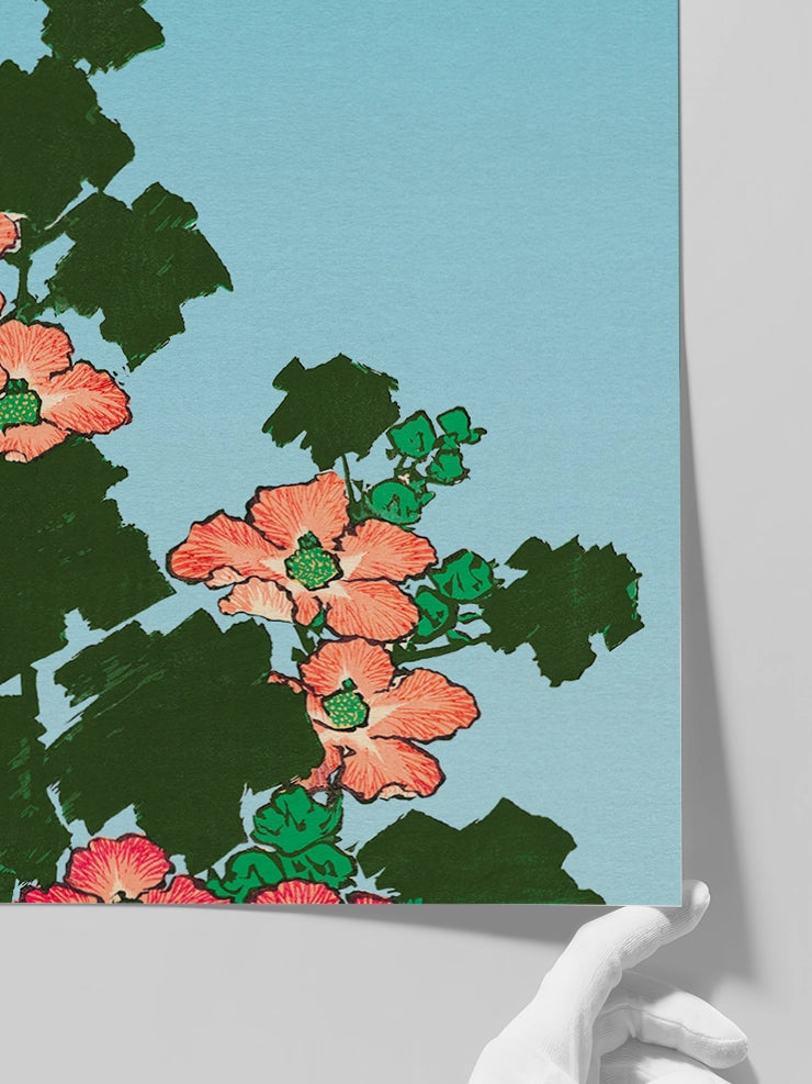 Hokusai Hibiscus and Sparrow posterinin detaylarını gösteren görsel