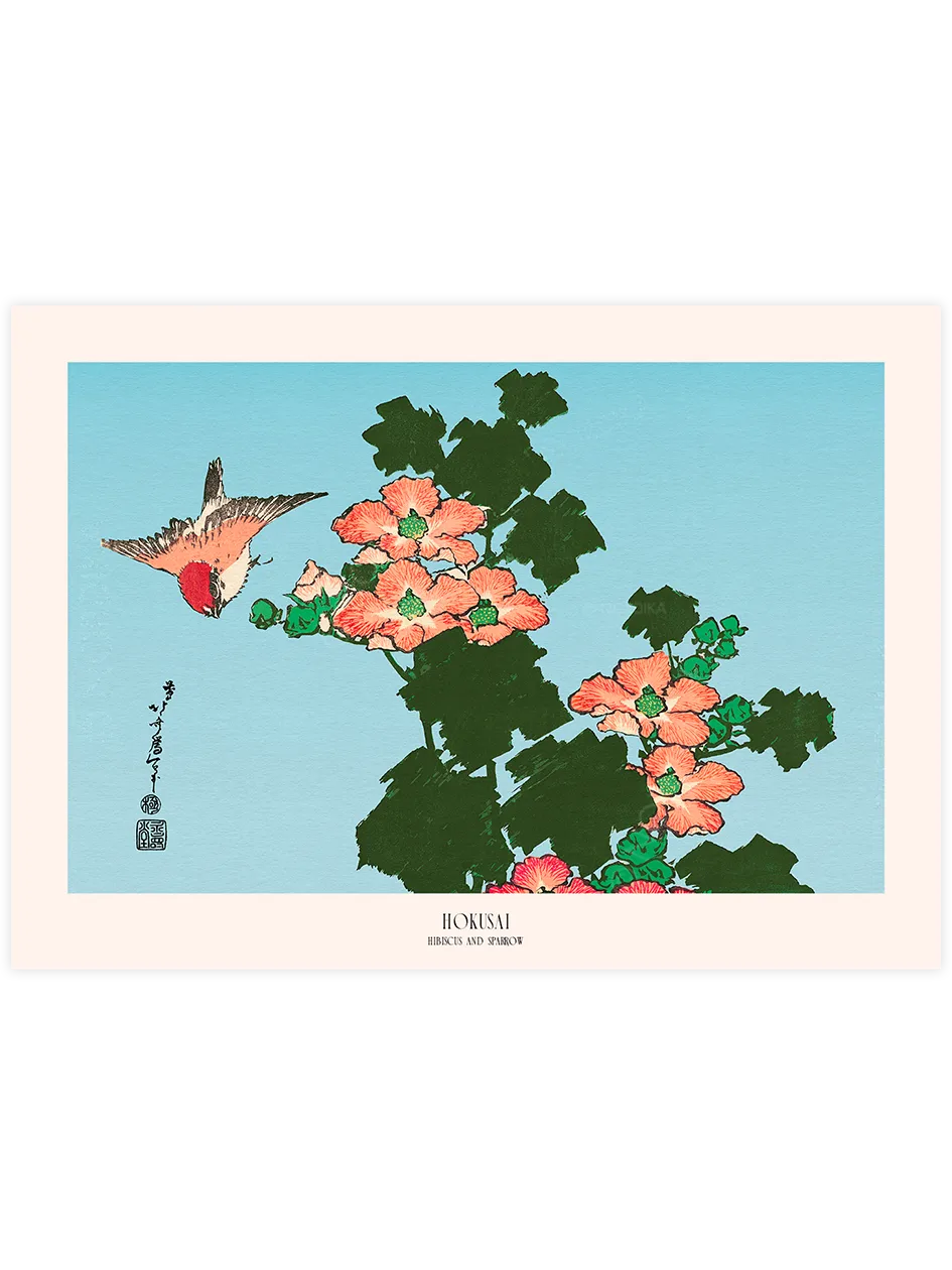 Hokusai Hibiscus and Sparrow poster