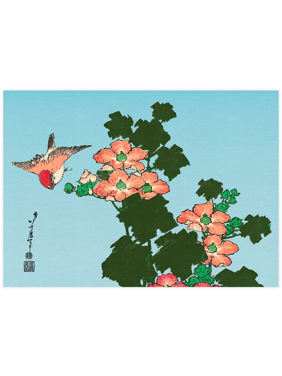 Hokusai Hibiscus and Sparrow poster