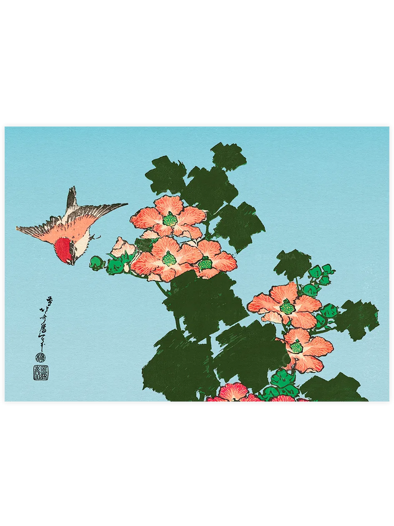 Hokusai Hibiscus and Sparrow poster